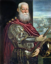 Portret Sebastiana Verniera (zm. 1578), naczelnego dowódcy sił weneckich w wojnie przeciwko Imperium Osmańskiemu, z bitwą pod Lepanto w tle, ok. 1571